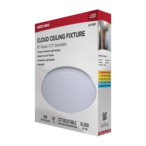 Main product image of 19" LED Cloud Fixture, 25Ws, 27K/30K/35K/40K/50K CCT Selectable, Round Shape, White Finish, 120V