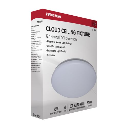 Main product image of 19" LED Cloud Fixture, 25Ws, 27K/30K/35K/40K/50K CCT Selectable, Round Shape, White Finish, 120V
