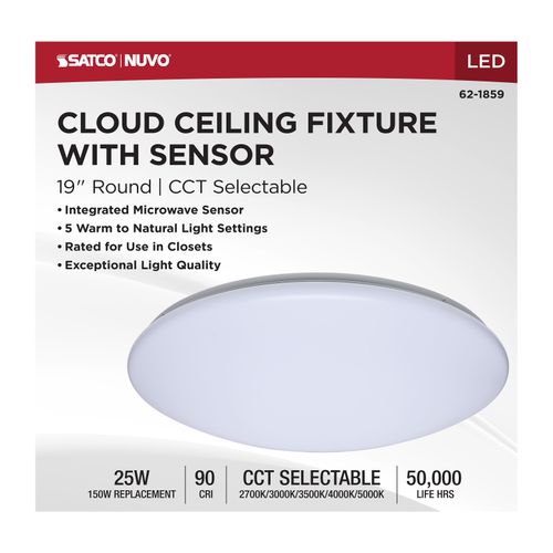 Main product image of 19" LED Cloud Fixture with Sensor, 25Ws, 27K/30K/35K/40K/50K CCT Selectable, Round Shape, White Finish, 120V