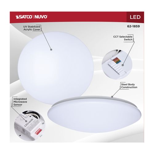 Main product image of 19" LED Cloud Fixture with Sensor, 25Ws, 27K/30K/35K/40K/50K CCT Selectable, Round Shape, White Finish, 120V