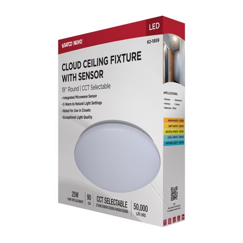 Main product image of 19" LED Cloud Fixture with Sensor, 25Ws, 27K/30K/35K/40K/50K CCT Selectable, Round Shape, White Finish, 120V