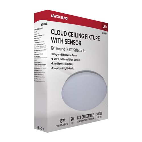 Main product image of 19" LED Cloud Fixture with Sensor, 25Ws, 27K/30K/35K/40K/50K CCT Selectable, Round Shape, White Finish, 120V