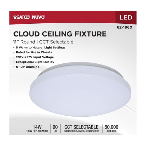 Main product image of 11" LED Cloud Fixture, 14Ws, 27K/30K/35K/40K/50K CCT Selectable, White Finish, Round Shape, 120-277V