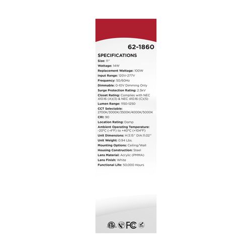 Main product image of 11" LED Cloud Fixture, 14Ws, 27K/30K/35K/40K/50K CCT Selectable, White Finish, Round Shape, 120-277V