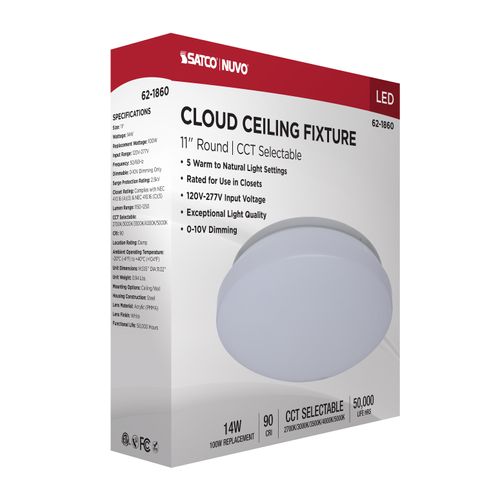 Main product image of 11" LED Cloud Fixture, 14Ws, 27K/30K/35K/40K/50K CCT Selectable, White Finish, Round Shape, 120-277V