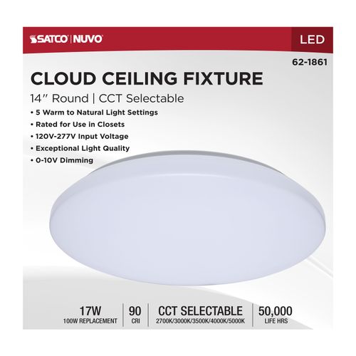 Main product image of 14" LED Cloud Fixture, 17Ws, 27K/30K/35K/40K/50K CCT Selectable, White Finish, Round Shape, 120-277V