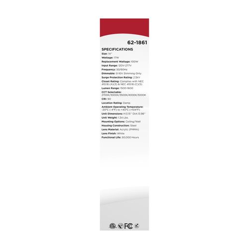 Main product image of 14" LED Cloud Fixture, 17Ws, 27K/30K/35K/40K/50K CCT Selectable, White Finish, Round Shape, 120-277V