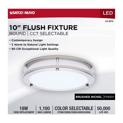 Main product image of Glamour, LED 10" Flush Mount, Brushed Nickel Finish, 27K/3K/35K/4K/5K CCT Selectable