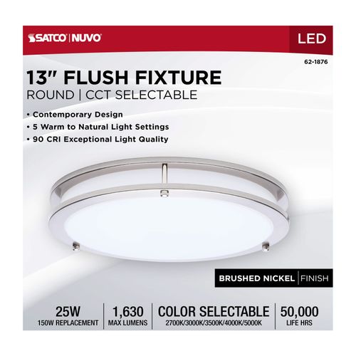 Main product image of Glamour, LED 13" Flush Mount, Brushed Nickel Finish, 27K/3K/35K/4K/5K CCT Selectable