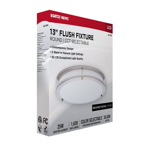 Main product image of Glamour, LED 13" Flush Mount, Brushed Nickel Finish, 27K/3K/35K/4K/5K CCT Selectable