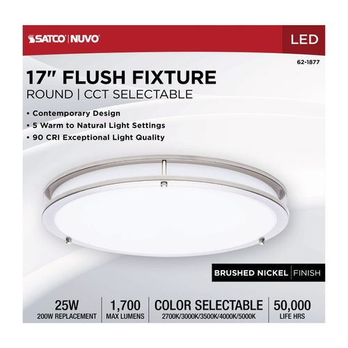 Main product image of Glamour, LED 17" Flush Mount, Brushed Nickel Finish, 27K/3K/35K/4K/5K CCT Selectable