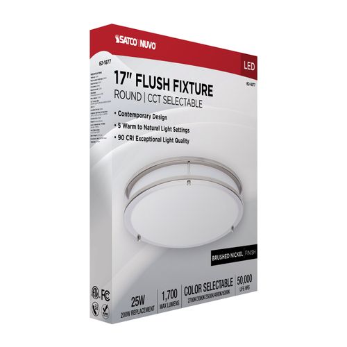 Main product image of Glamour, LED 17" Flush Mount, Brushed Nickel Finish, 27K/3K/35K/4K/5K CCT Selectable