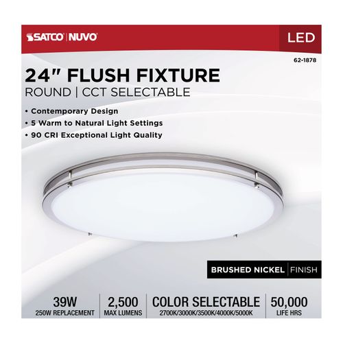 Main product image of Glamour, LED 24" Flush Mount, Brushed Nickel Finish, 27K/3K/35K/4K/5K CCT Selectable