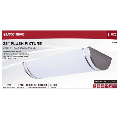 Main product image of Glamour, LED 25" Linear Flush Mount, Brushed Nickel Finish, 27K/3K/35K/4K/5K CCT Selectable
