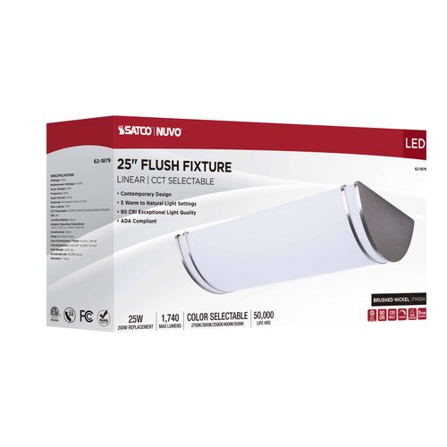 Main product image of Glamour, LED 25" Linear Flush Mount, Brushed Nickel Finish, 27K/3K/35K/4K/5K CCT Selectable