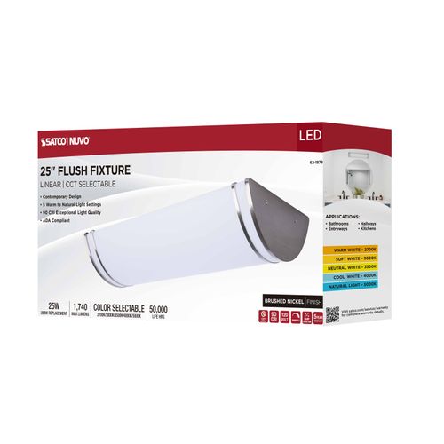 Main product image of Glamour, LED 25" Linear Flush Mount, Brushed Nickel Finish, 27K/3K/35K/4K/5K CCT Selectable