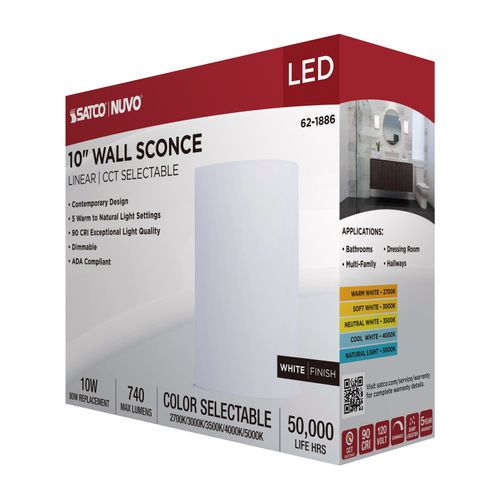Main product image of Crispo, LED Wall Sconce, White Finish, 27K/3K/35K/4K/5K CCT Selectable