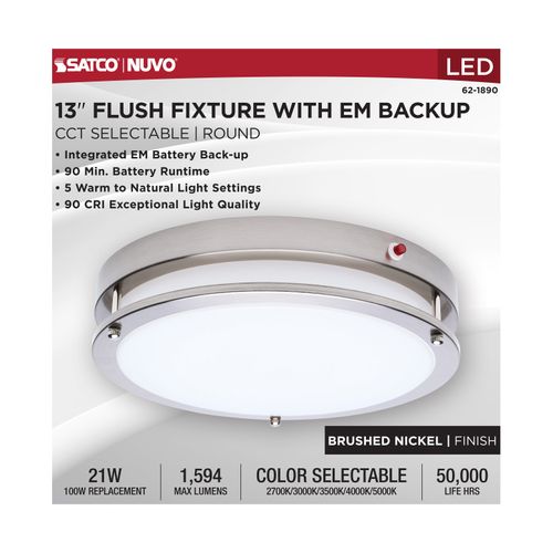 Main product image of Glamour, 13" LED Flush Mount, Emergency Battery, CCT Selectable, Brushed Nickel Finish