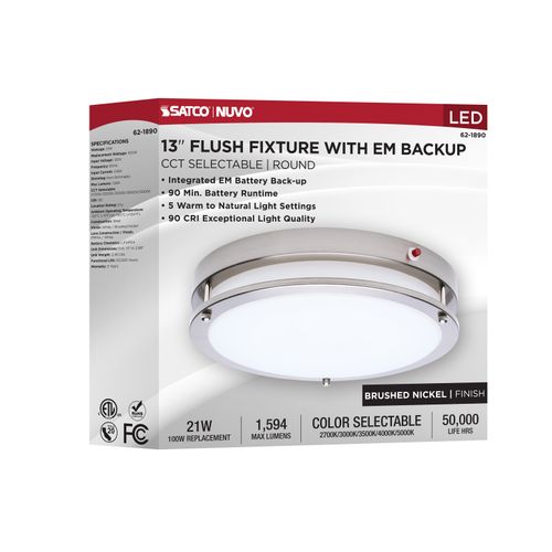 Main product image of Glamour, 13" LED Flush Mount, Emergency Battery, CCT Selectable, Brushed Nickel Finish