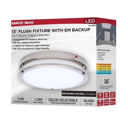 Main product image of Glamour, 13" LED Flush Mount, Emergency Battery, CCT Selectable, Brushed Nickel Finish