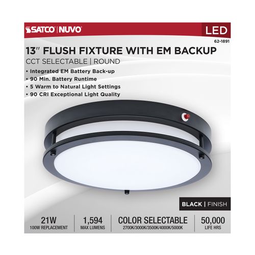 Main product image of Glamour, 13" LED Flush Mount, Emergency Battery, CCT Selectable, Black Finish