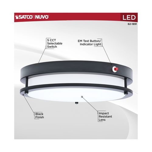 Main product image of Glamour, 13" LED Flush Mount, Emergency Battery, CCT Selectable, Black Finish