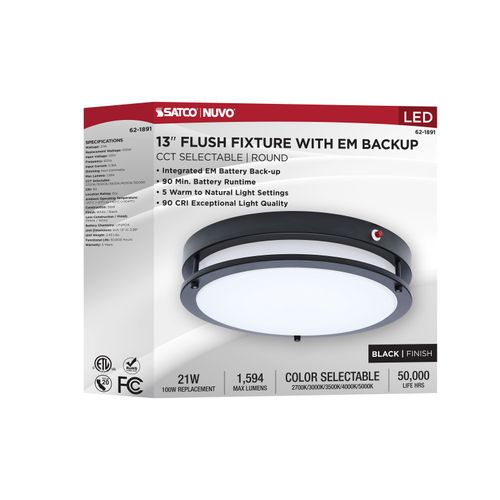 Main product image of Glamour, 13" LED Flush Mount, Emergency Battery, CCT Selectable, Black Finish