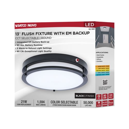 Main product image of Glamour, 13" LED Flush Mount, Emergency Battery, CCT Selectable, Black Finish