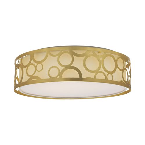 Main product image of 15" Filigree LED Decor Flush Mount Fixture Natural Brass Finish White Fabric Shade