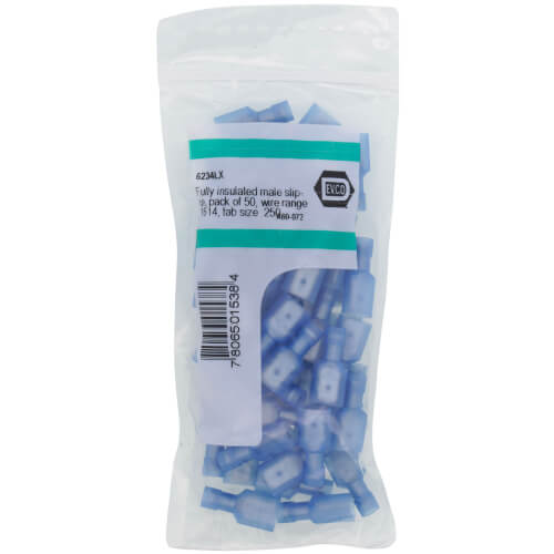 Fully Insulated Male Slip-On Solderless Terminal, 16-14 AWG, Tab Size .25 (50-Pack)