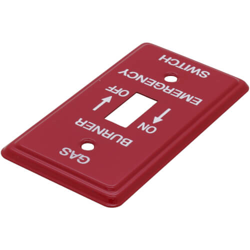 Red Emergency Gas Burner Cover Plate w/ White Text (4-1/4" x 2-3/4")