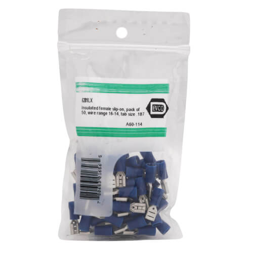 Insulated Female Slip-On Solderless Terminal, 16-14 AWG, Tab Size .187 (50 Pack)