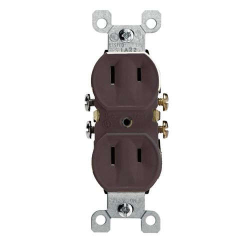 Main product image of 15A, 125V NEMA 1-15R, 2p, 2w, w/ Ears Duplex Receptacle, Straight Blade, Residential Grade, Non-grounding, Side Wired, Steel Strap (Brown)