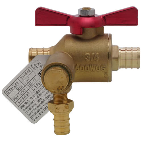 Main product image of 3/4" Crimp PEX Inlet x 3/4" Crimp PEX Outlet X 1/2" PEX Crimp Relief Thermal Expansion Relief Valve