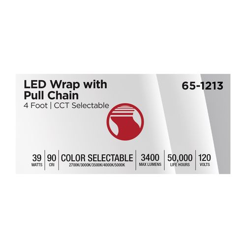 Main product image of LED 4' Wrap with Pull Chain, 39Ws, 27K/30K/35K/40K/50K CCT Selectable, White Finish, 120V