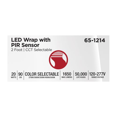 Main product image of LED 2' Wrap with PIR Motion Sensor, 20Ws, 27K/30K/35K/40K/50K CCT Selectable, White Finish, 120-277V