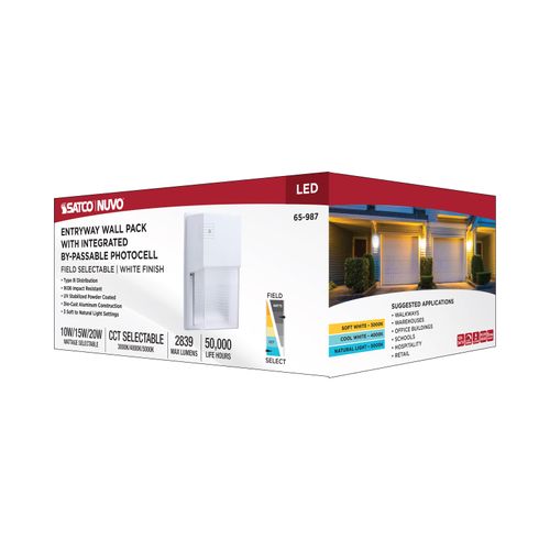 Main product image of LED Entryway Wall Pack, 10/15/20W Selectable, 30K/40K/50K CCT Selectable, White Finish