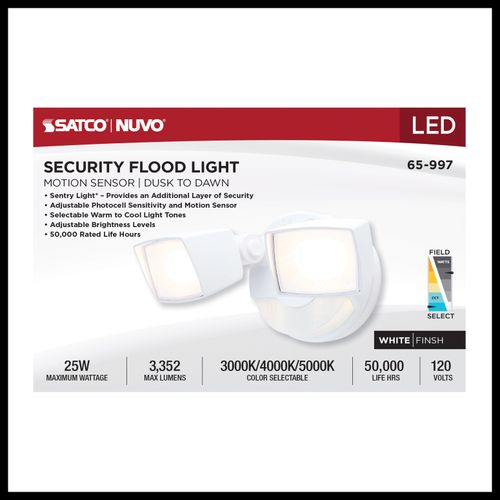 Main product image of LED Security Light with Nightlight, PIR Sensor, Dual Head, Field Selectable, White Finish
