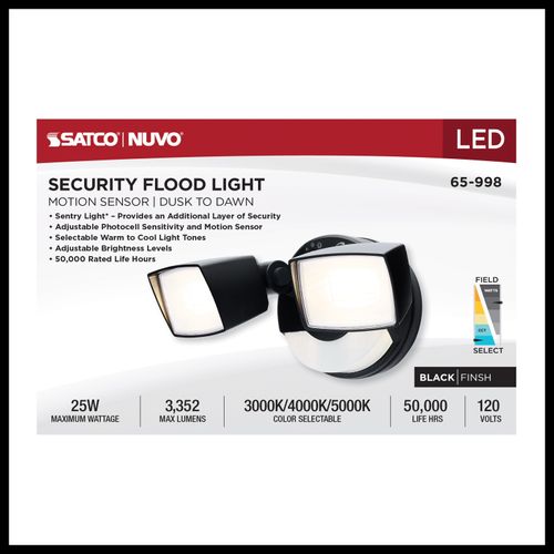 Main product image of LED Security Light with Nightlight, PIR Sensor, Dual Head, Field Selectable, Black Finish