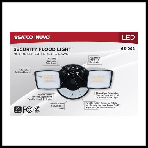 Main product image of LED Security Light with Nightlight, PIR Sensor, Dual Head, Field Selectable, Black Finish