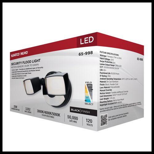 Main product image of LED Security Light with Nightlight, PIR Sensor, Dual Head, Field Selectable, Black Finish