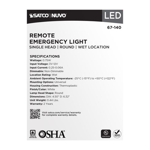 Main product image of Remote Emergency Light, Weatherproof Low Power Single Head, 3-12V 0.75W, White Finish