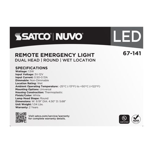Main product image of Remote Emergency Light, Weatherproof Low Power Dual Head, 3-12V 1.5W, White Finish