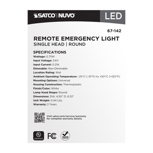 Main product image of Remote Emergency Light, 0.75W, Weatherproof Low Power Single Head, White Finish, 3.6V