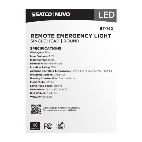 Main product image of Remote Emergency Light, 0.75W, Weatherproof Low Power Single Head, White Finish, 3.6V