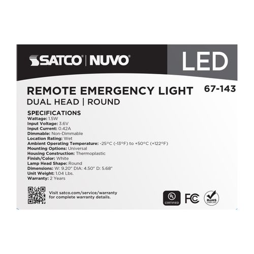 Main product image of Remote Emergency Light, 1.5W, Weatherproof Low Power Dual Head, White Finish, 3.6V