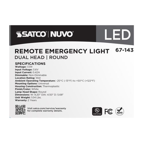 Main product image of Remote Emergency Light, 1.5W, Weatherproof Low Power Dual Head, White Finish, 3.6V