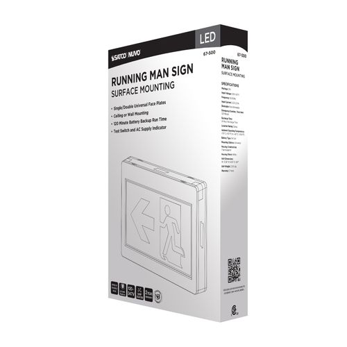 Main product image of Running Man Green Exit Sign, 120-347V, 2HR backup, Single/Dual Face, Universal Mounting, Thermoplastic