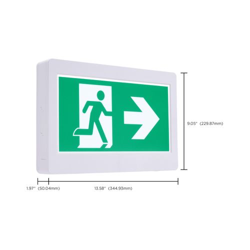 Main product image of Running Man Green Exit Sign, 120-347V, 2HR backup, Single/Dual Face, Universal Mounting, Thermoplastic