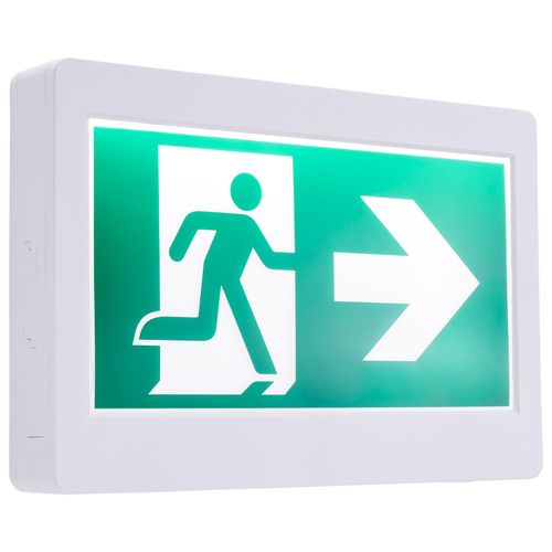 Main product image of Running Man Green Exit Sign, 120-347V, 2HR backup, Single/Dual Face, Universal Mounting, Thermoplastic